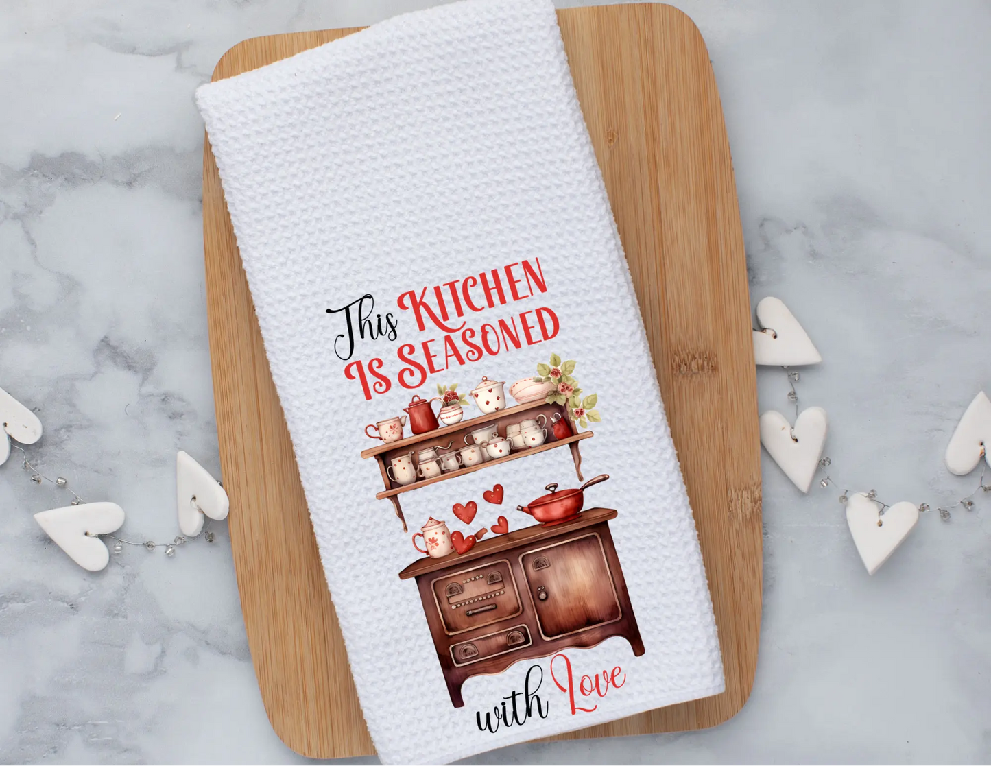 Tea Towel that says This Kitchen is Seasoned with Love
