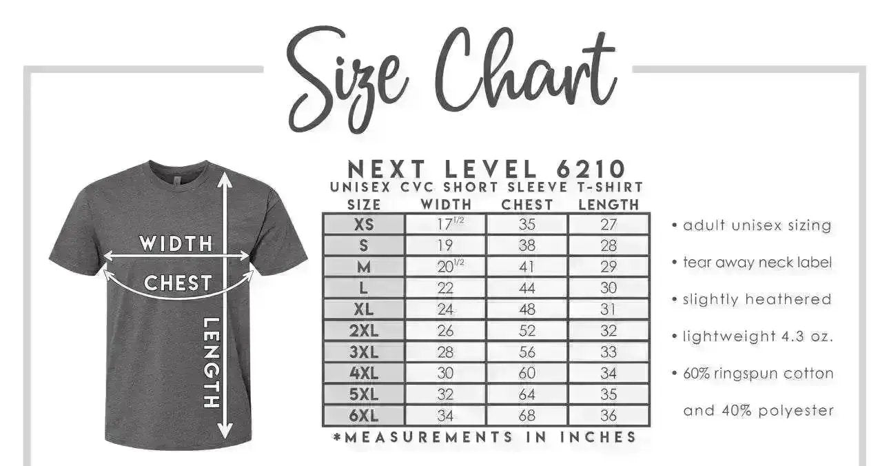 Size Chart for Unisex Tshirt