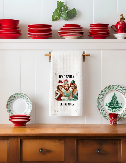 Dear Santa Define Nice Tea Towel | Funny Retro Christmas Décor Graphink Fusion