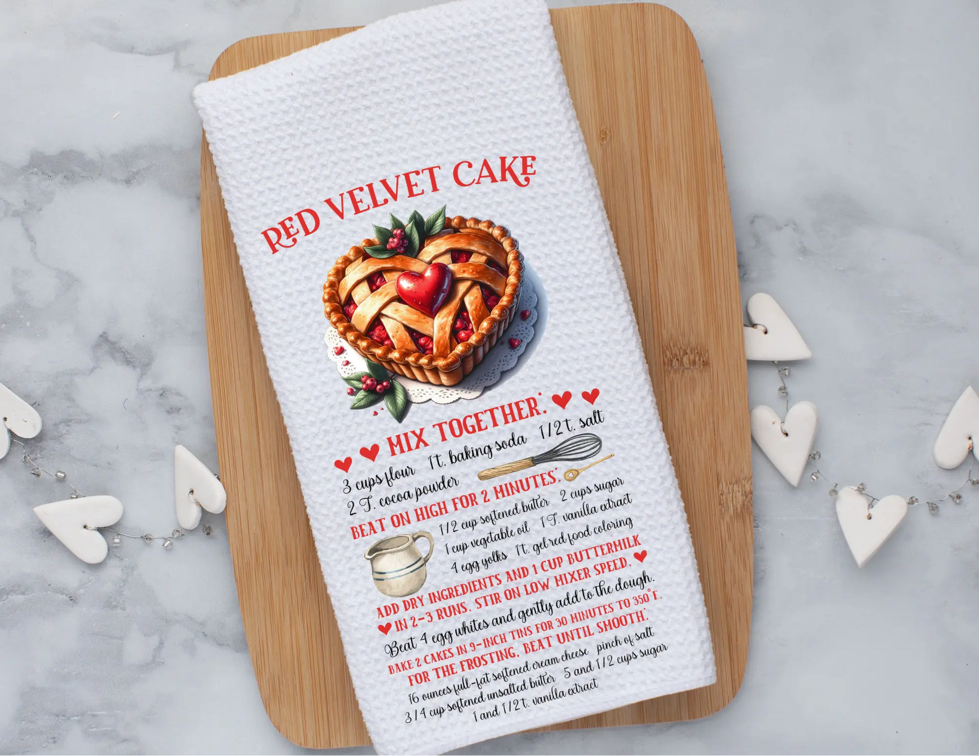 Tea towel that says a red velvet cake recipe