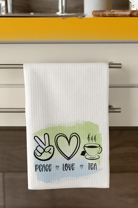 Peace, Love & Tea – Funny Kitchen Tea Towel Graphink Fusion