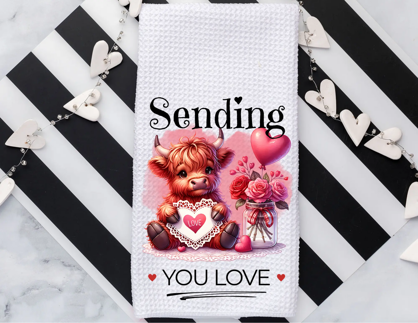 Tea towel that says Sending you love - Highland Cow