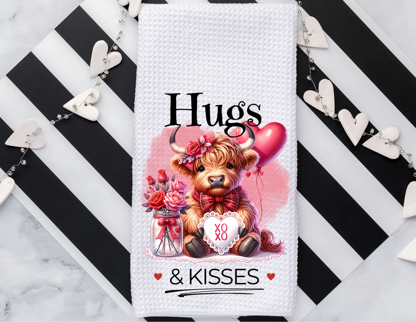 Tea towel that says Hugs and Kisses - Highland Cow Valentine's Day Tea Towel