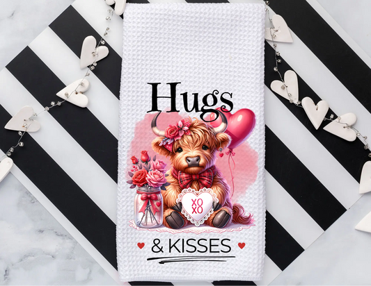 Tea towel that says Hugs and Kisses - Highland Cow Valentine's Day Tea Towel